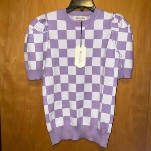 NWT purple checkered short sleeve sweater S